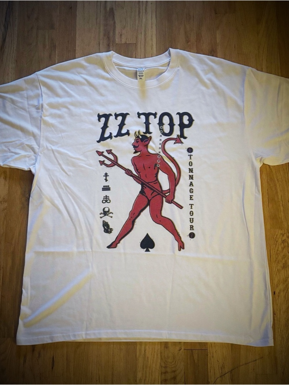 ZZ Top White Short Sleeve Tee with Red Devil Graphic Tonnage Tour Brisco 2XL